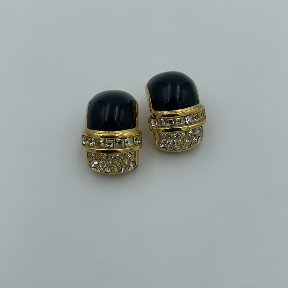 Vintage Christian Dior Black Enamel
Clip On Earrings Crystal Gold Tone 80s